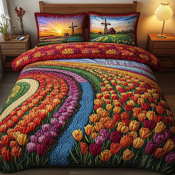 Blooming Beauty quilted 3-piece bedding set on a made bed with two matching pillow shams