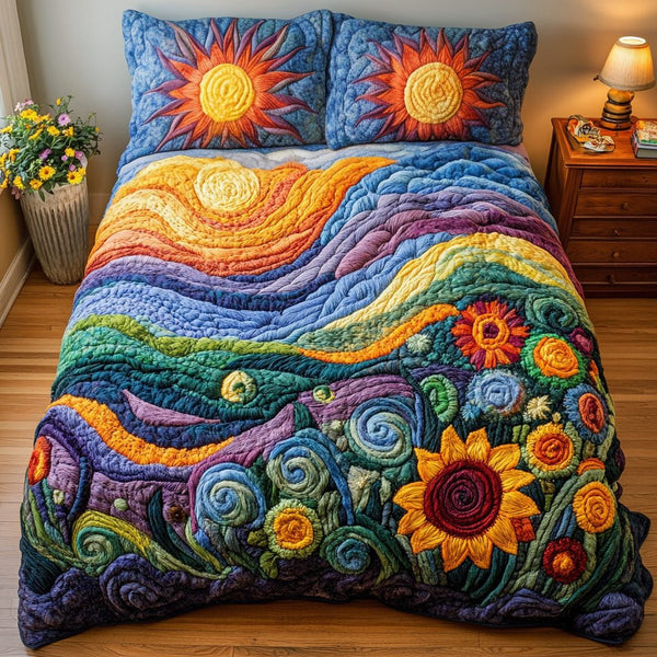 Blooming Bliss quilted 3-piece bedding set on a made bed with two matching pillow shams