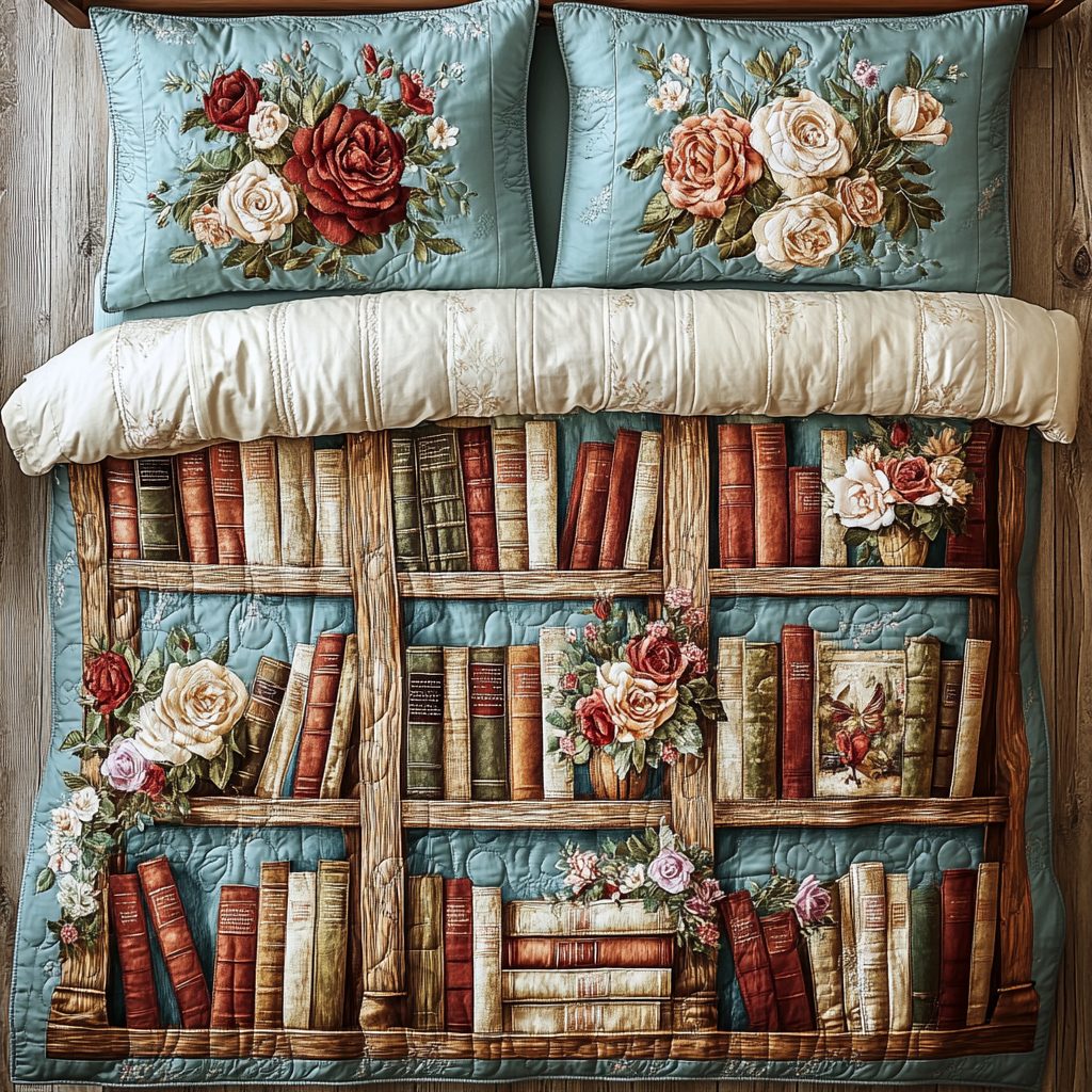 Blooming Book quilted 3-piece bedding set on a made bed with two matching pillow shams