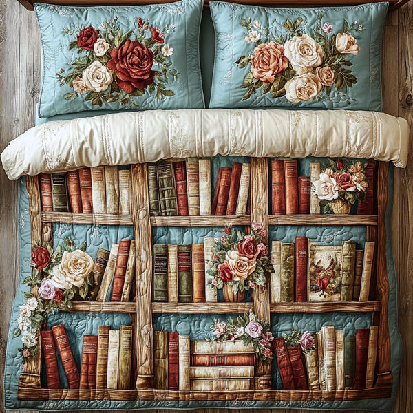Blooming Book quilted 3-piece bedding set on a made bed with two matching pillow shams