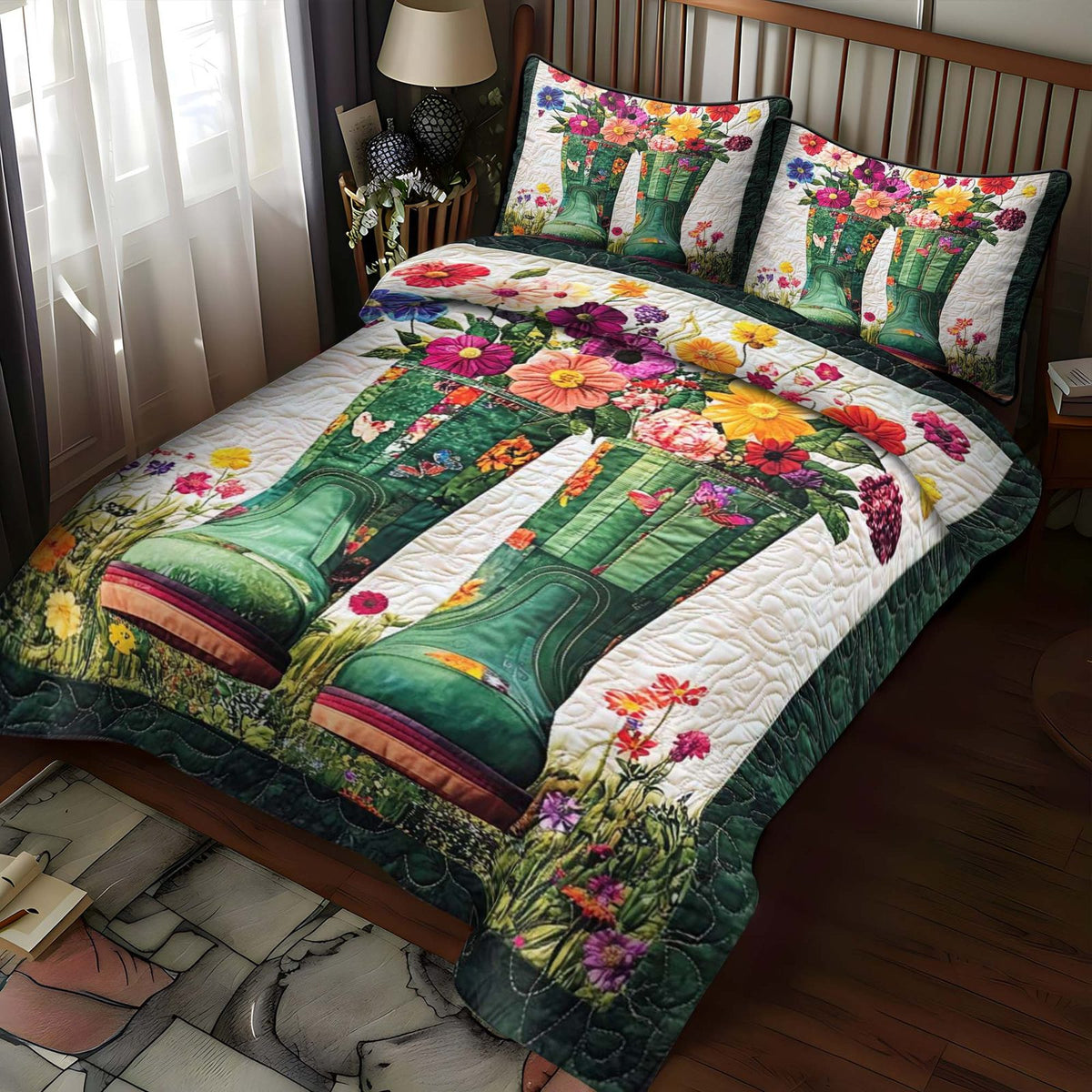 Blooming Boots quilted 3-piece bedding set on a made bed in a rustic timber bedroom