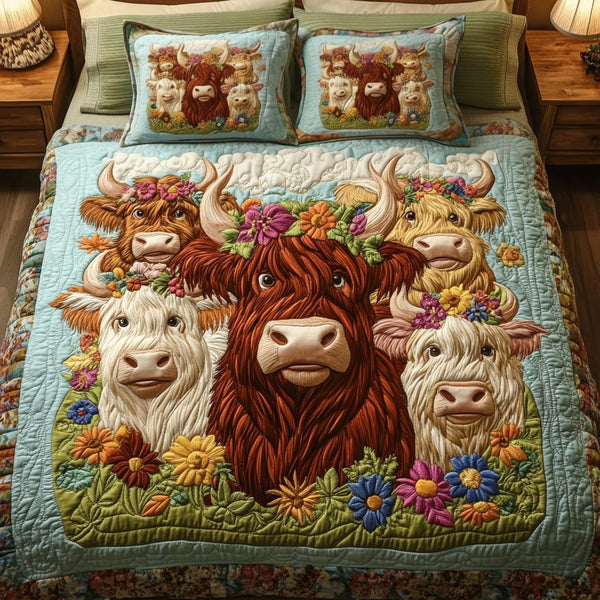 Blooming Bovines quilted 3-piece bedding set on a made bed with two matching pillow shams