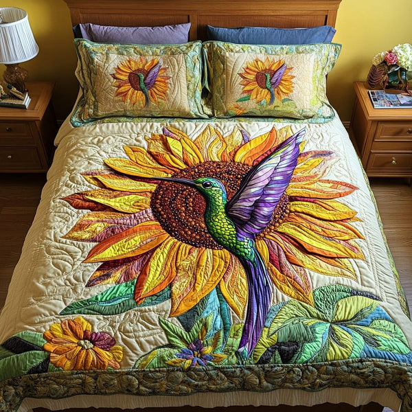 Blooming Breeze quilted 3-piece bedding set on a made bed with two matching pillow shams