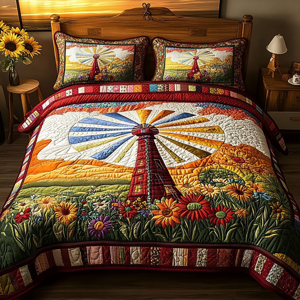 Blooming Breeze quilted 3-piece bedding set on a made bed with two matching pillow shams
