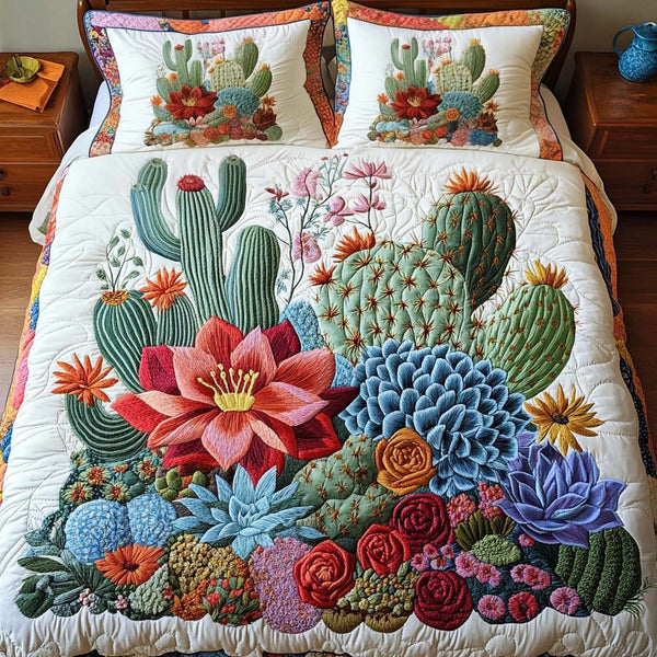 Blooming Bright quilted 3-piece bedding set on a made bed with two matching pillow shams
