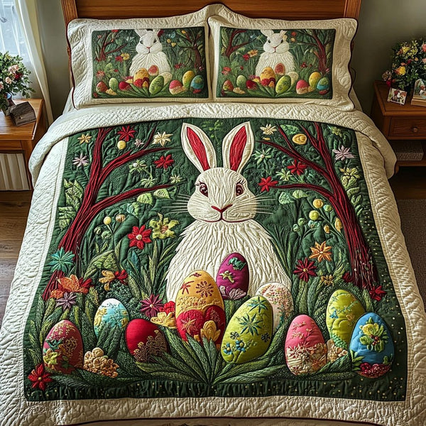 Blooming Bunny quilted 3-piece bedding set on a made bed with two matching pillow shams