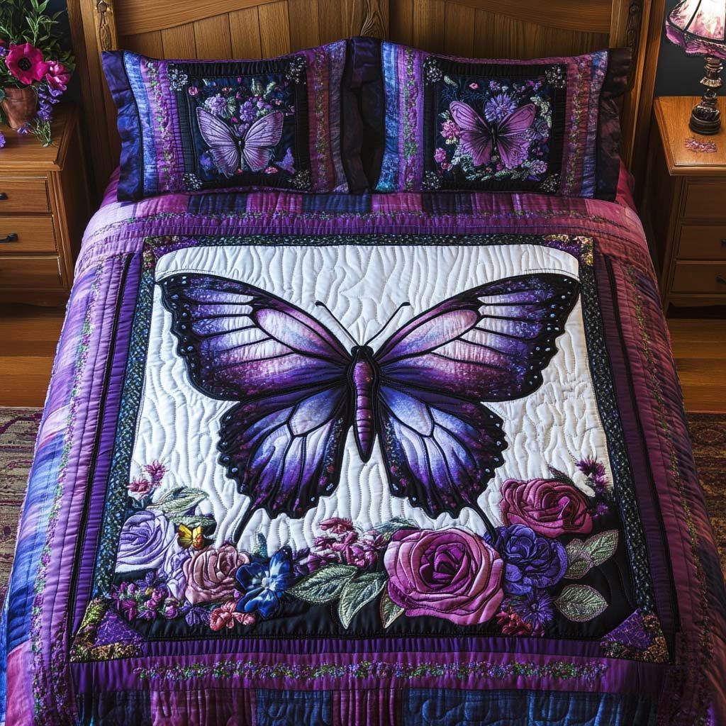 Blooming Butterfly Kiss quilted 3-piece bedding set on a made bed with two matching pillow shams