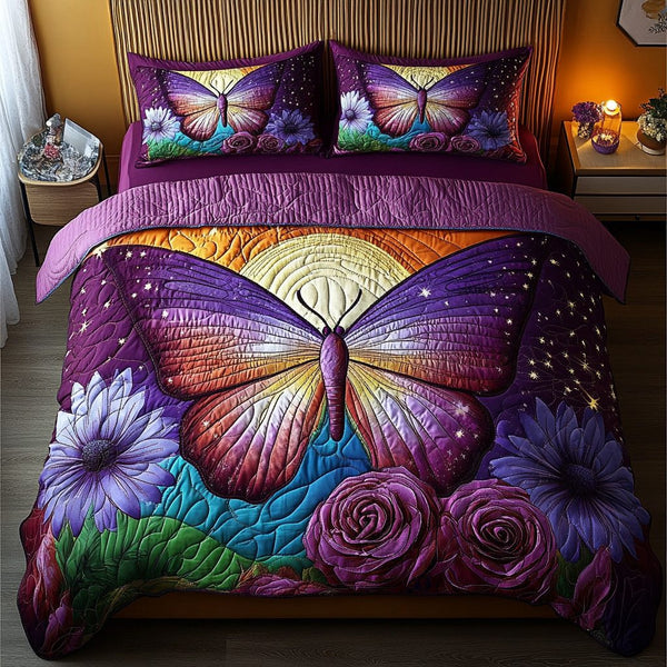 Blooming Butterfly quilted 3-piece bedding set on a made bed with two matching pillow shams