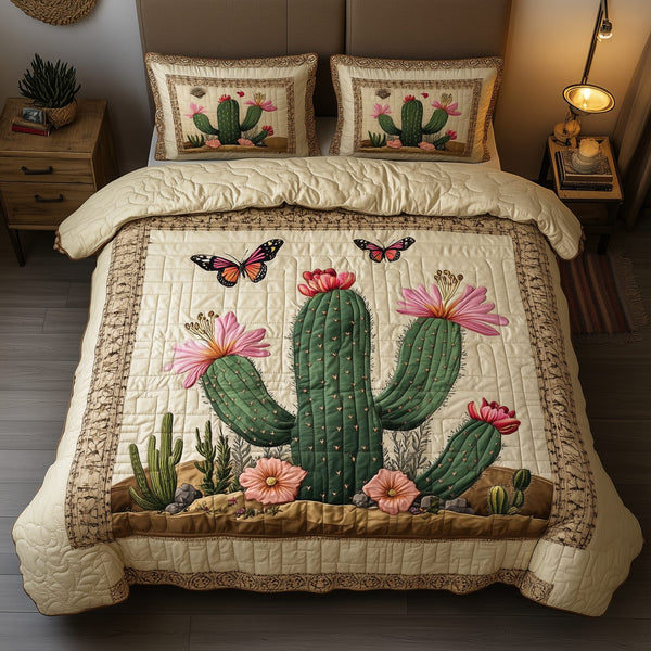Blooming Cactus quilted 3-piece bedding set on a made bed with two matching pillow shams