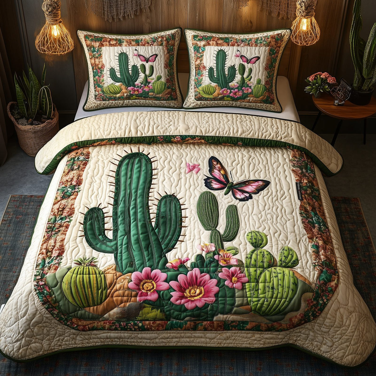 Blooming Cactus quilted 3-piece bedding set on a made bed with two matching pillow shams