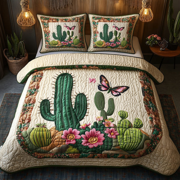 Blooming Cactus quilted 3-piece bedding set on a made bed with two matching pillow shams