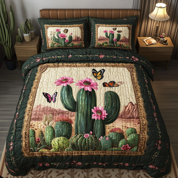 Blooming Cactus quilted 3-piece bedding set on a made bed with two matching pillow shams