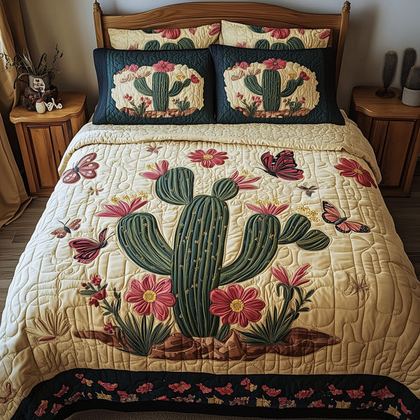 Blooming Cactus quilted 3-piece bedding set on a made bed with two matching pillow shams