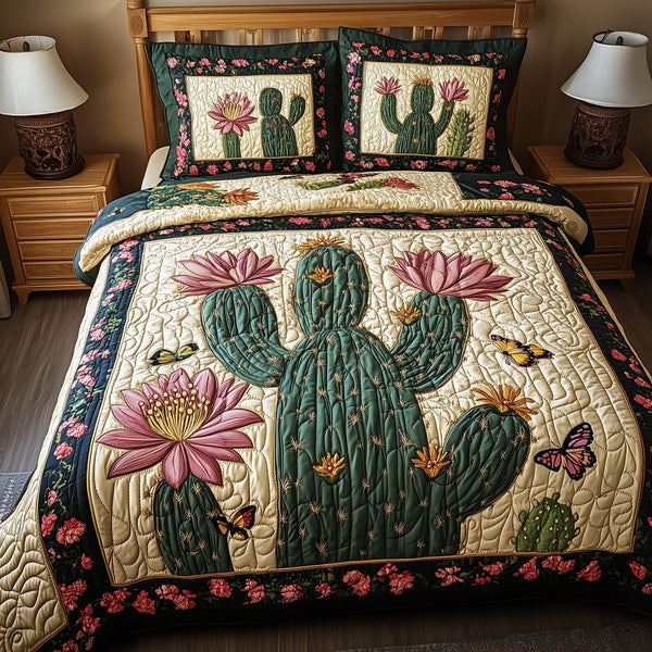 Blooming Cactus quilted 3-piece bedding set on a made bed with two matching pillow shams