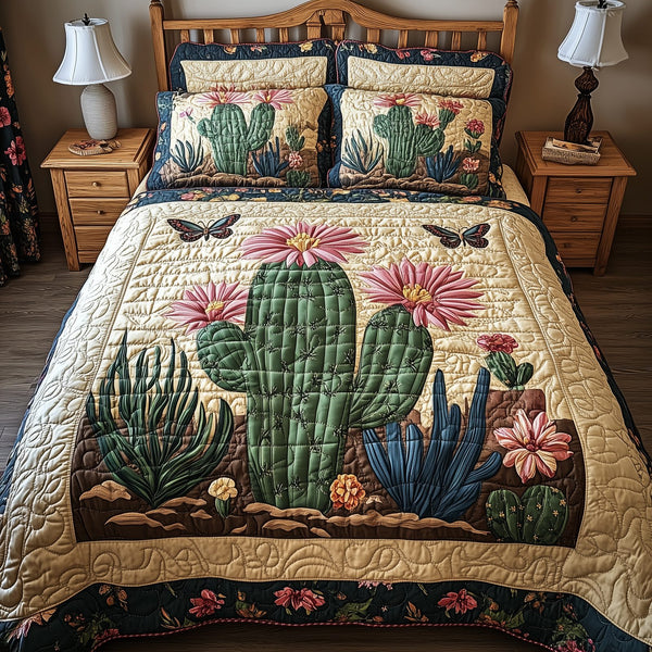 Blooming Cactus quilted 3-piece bedding set on a made bed with two matching pillow shams