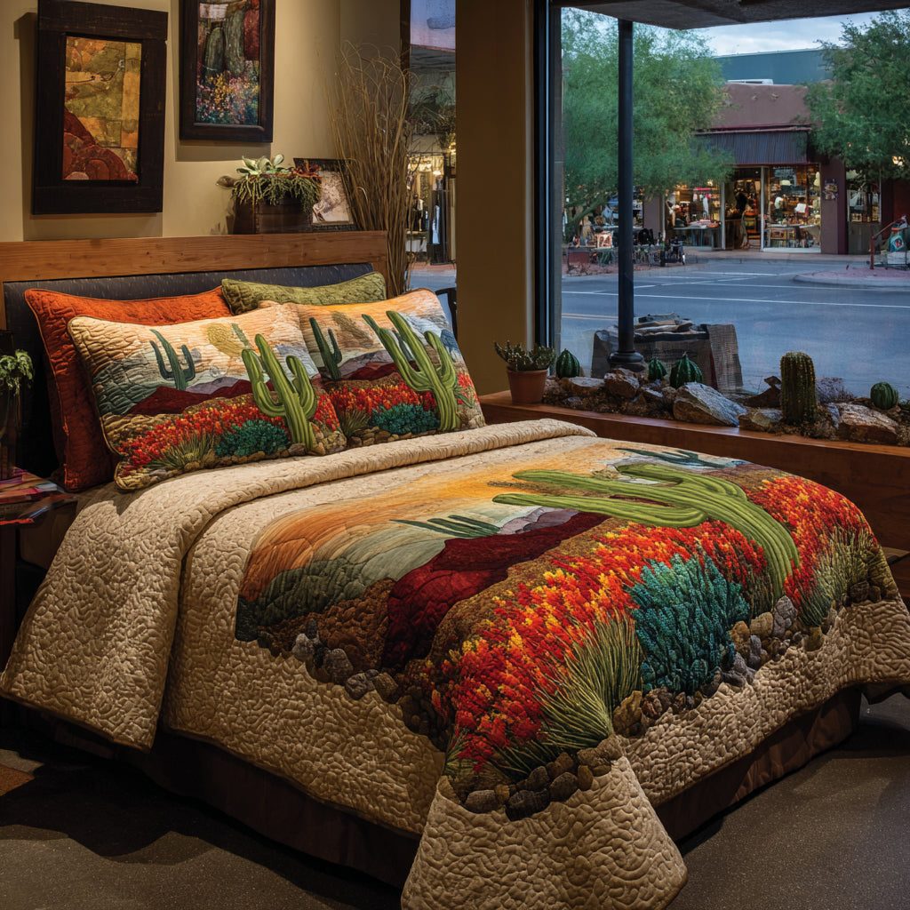 Blooming Cactus quilted 3-piece bedding set on a made bed with two matching pillow shams