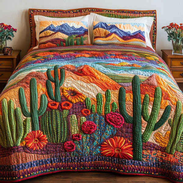 Blooming Cactus quilted 3-piece bedding set on a made bed with two matching pillow shams