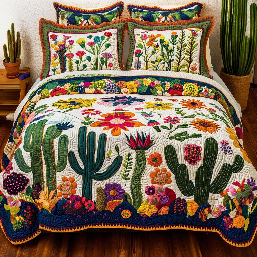 Blooming Cactus quilted 3-piece bedding set on a made bed with two matching pillow shams