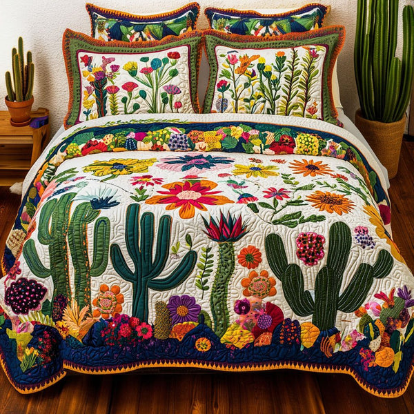 Blooming Cactus quilted 3-piece bedding set on a made bed with two matching pillow shams