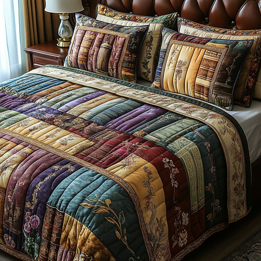 Blooming Chapters quilted 3-piece bedding set on a made bed with two matching pillow shams