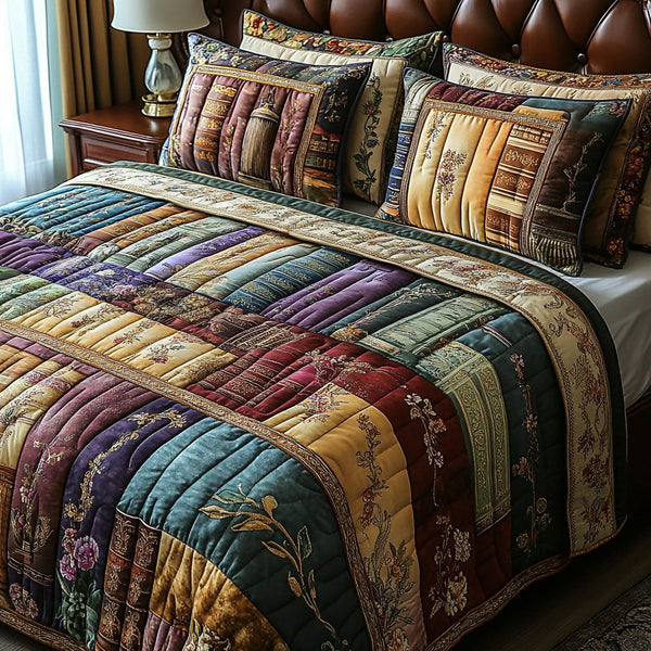 Blooming Chapters quilted 3-piece bedding set on a made bed with two matching pillow shams