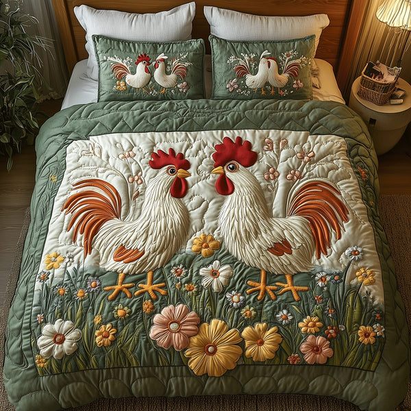 Blooming Chicken Haven quilted 3-piece bedding set on a made bed with two matching pillow shams