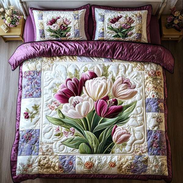 Blooming Comfort quilted 3-piece bedding set on a made bed with two matching pillow shams