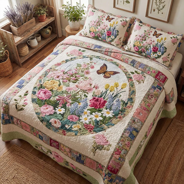 Blooming Cottage Garden quilted 3-piece bedding set on a made bed in a farmhouse bedroom