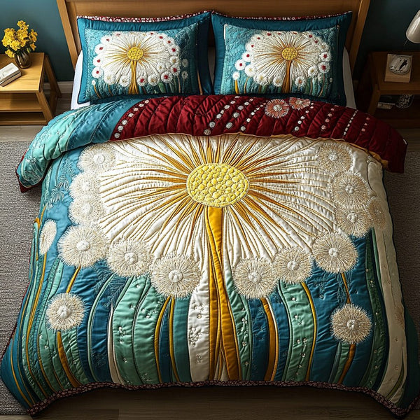 Blooming Dandelions quilted 3-piece bedding set on a made bed with two matching pillow shams