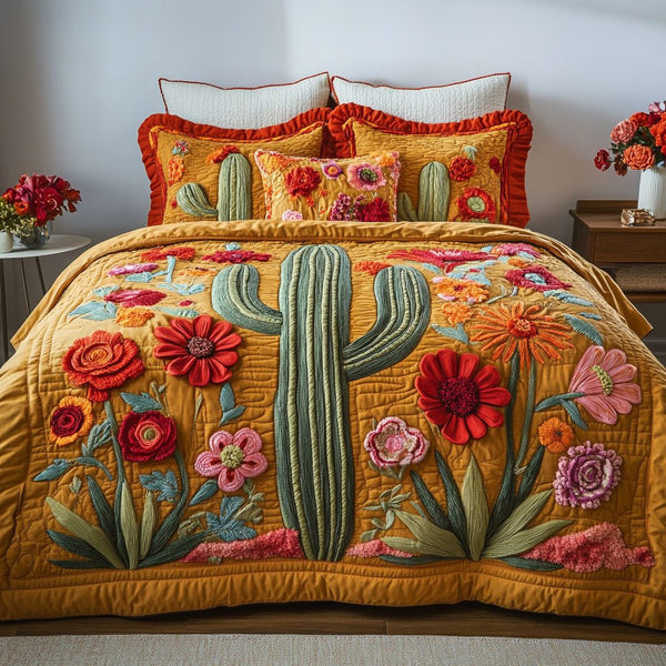 Blooming Desert quilted 3-piece bedding set on a made bed with two matching pillow shams