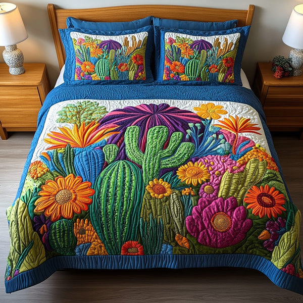 Blooming Desert quilted 3-piece bedding set on a made bed with two matching pillow shams