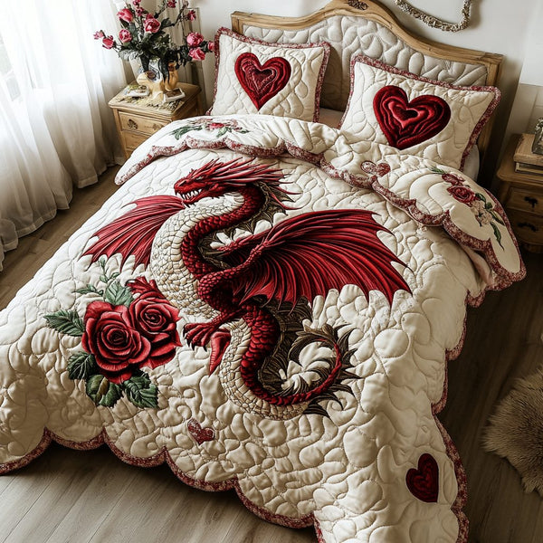 Blooming Dragon quilted 3-piece bedding set on a made bed with two matching pillow shams