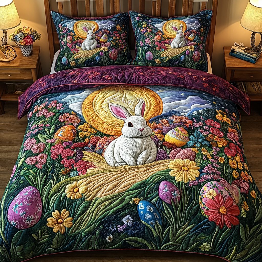 Blooming Easter Vibes quilted 3-piece bedding set on a made bed with two matching pillow shams