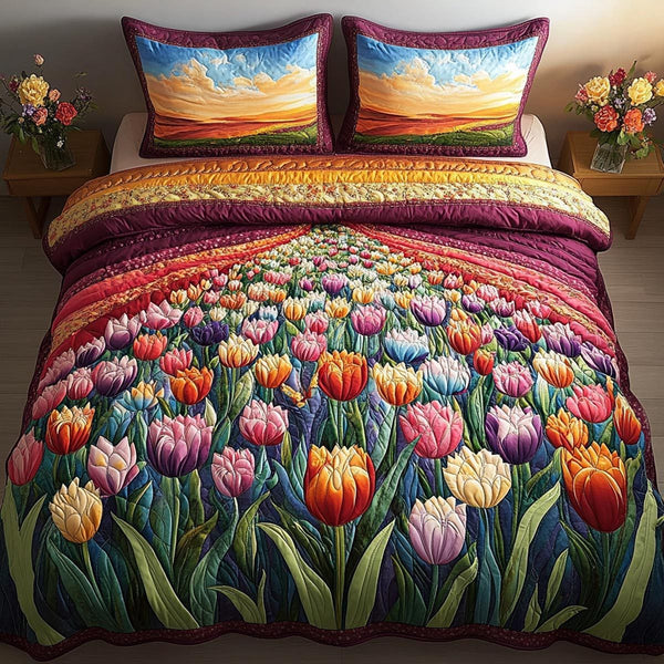 Blooming Fields quilted 3-piece bedding set on a made bed with two matching pillow shams