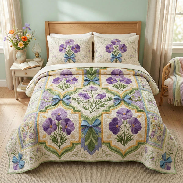 Blooming Fields quilted 3-piece bedding set on a made bed with two matching pillow shams
