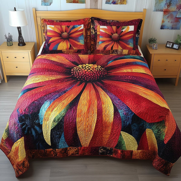 Blooming Flower Patchwork quilted 3-piece bedding set on a made bed in a farmhouse bedroom