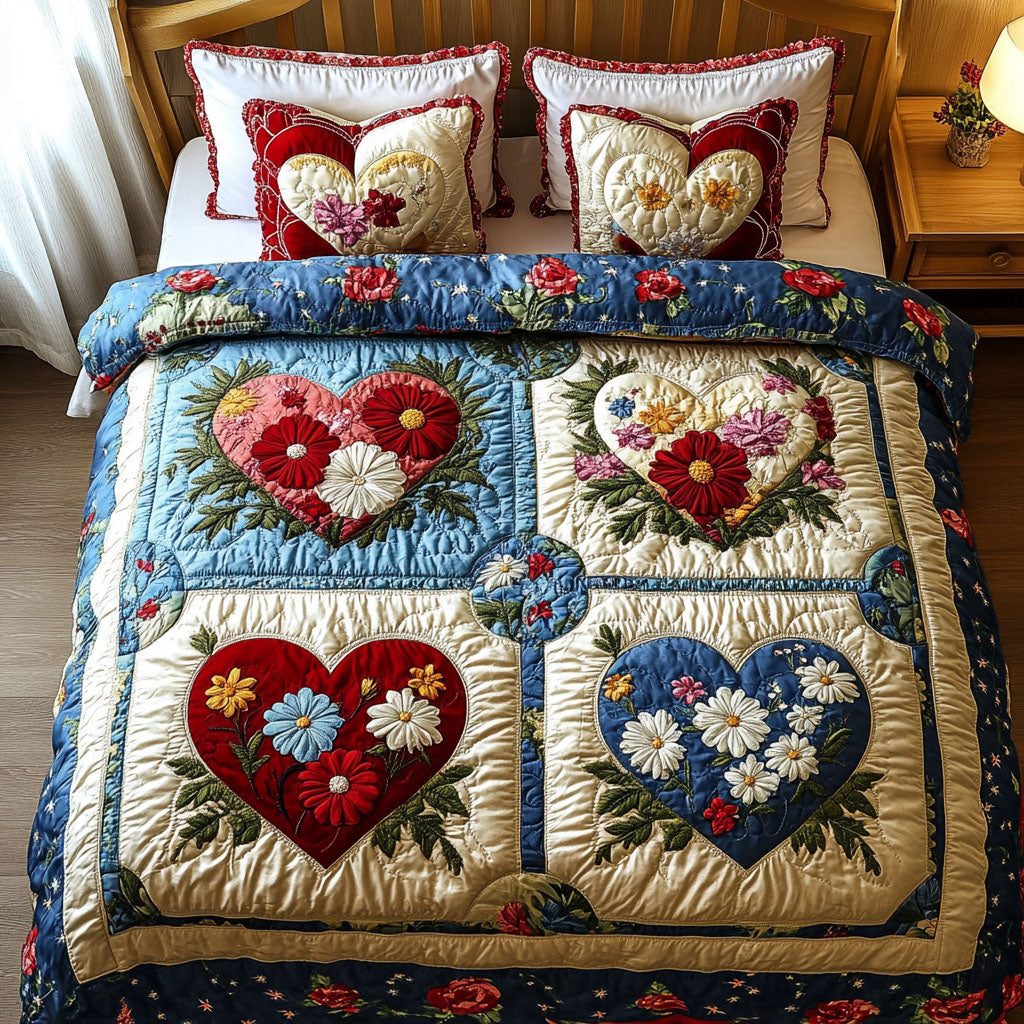 Blooming Freedom quilted 3-piece bedding set on a made bed in a warmly lit bedroom