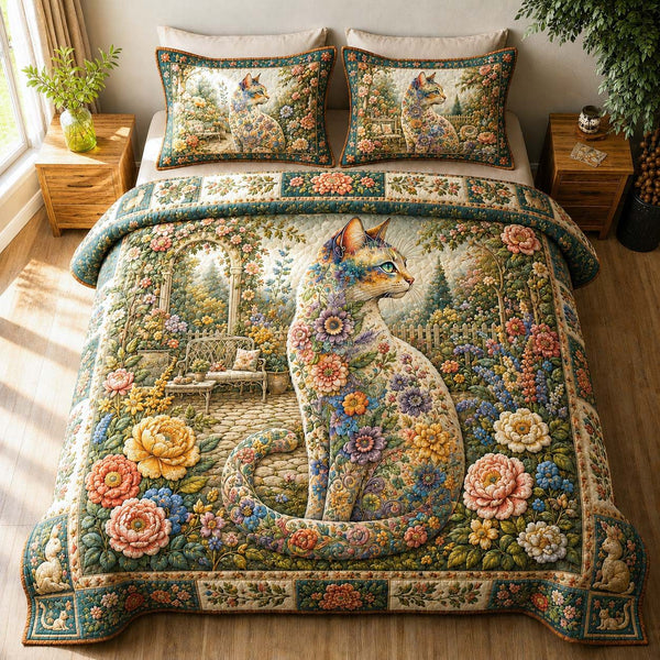 Blooming Garden Cat Portrait quilted 3-piece bedding set on a made bed with two matching pillow shams