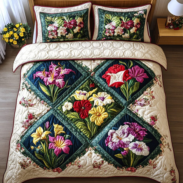 Blooming Garden quilted 3-piece bedding set on a made bed with two matching pillow shams