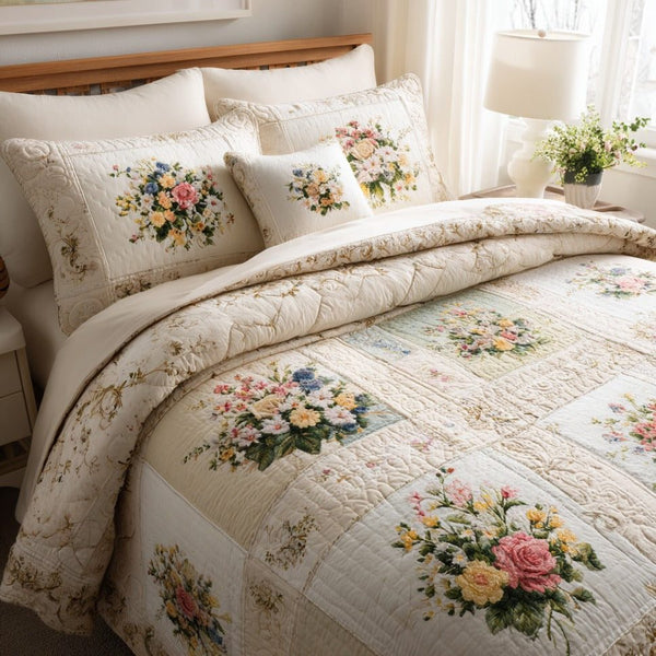 Blooming Garden quilted 3-piece bedding set on a made bed with two matching pillow shams