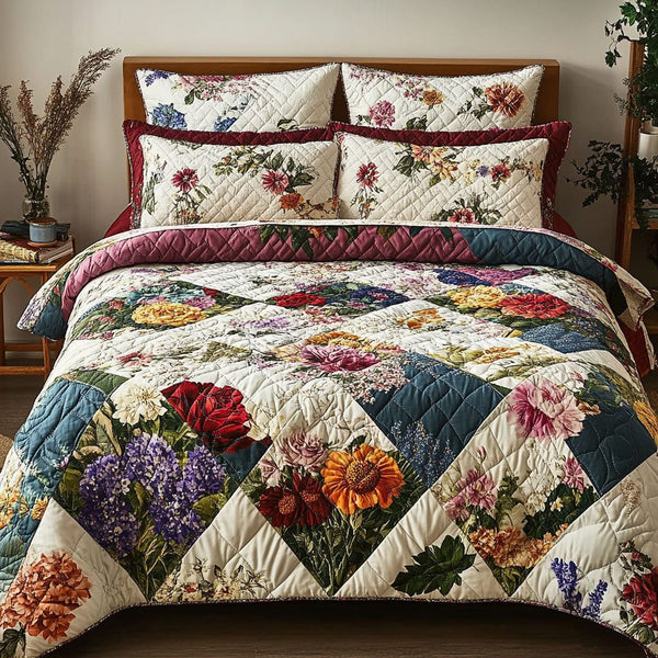 Blooming Garden quilted 3-piece bedding set on a made bed with two matching pillow shams