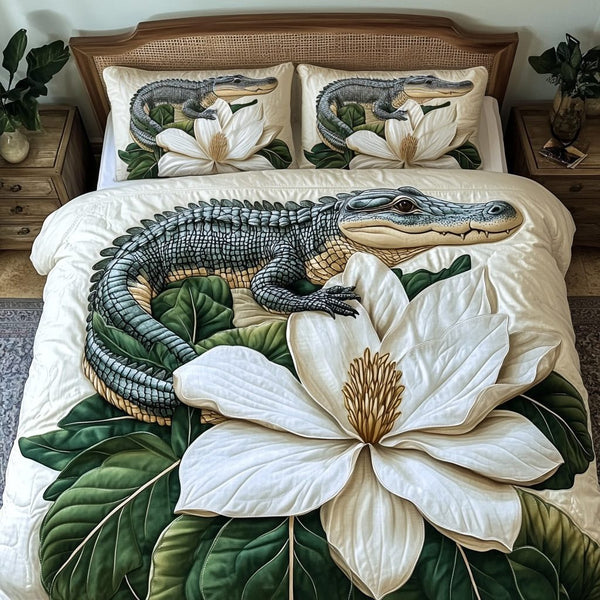 Blooming Gator quilted 3-piece bedding set on a made bed with two matching pillow shams