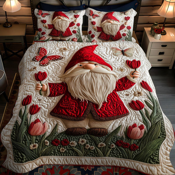 Blooming Gnome quilted 3-piece bedding set on a made bed in a winter-styled bedroom