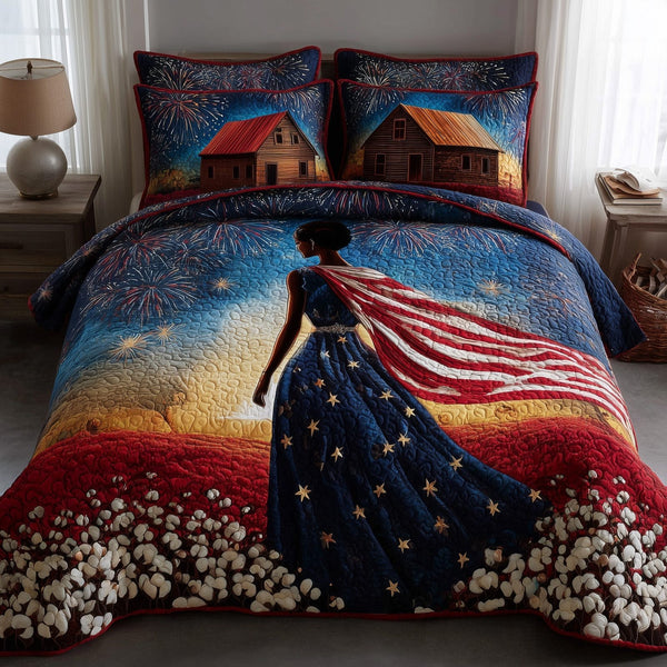 Blooming Grace quilted 3-piece bedding set on a made bed with two matching pillow shams