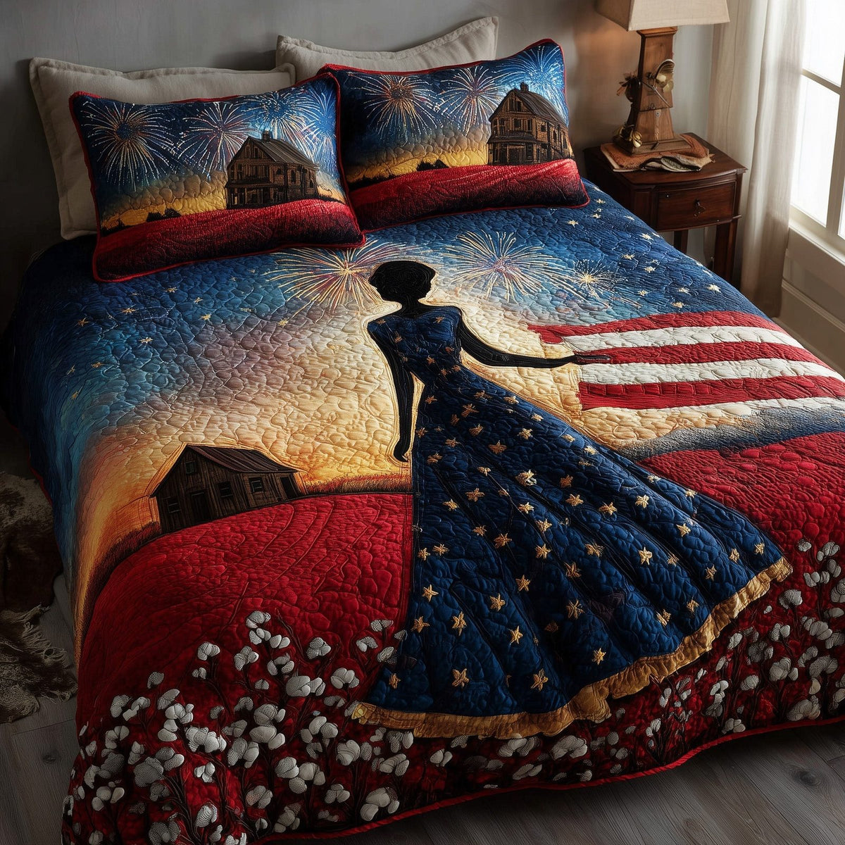 Blooming Grace quilted 3-piece bedding set on a made bed with two matching pillow shams