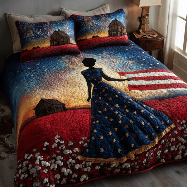 Blooming Grace quilted 3-piece bedding set on a made bed with two matching pillow shams