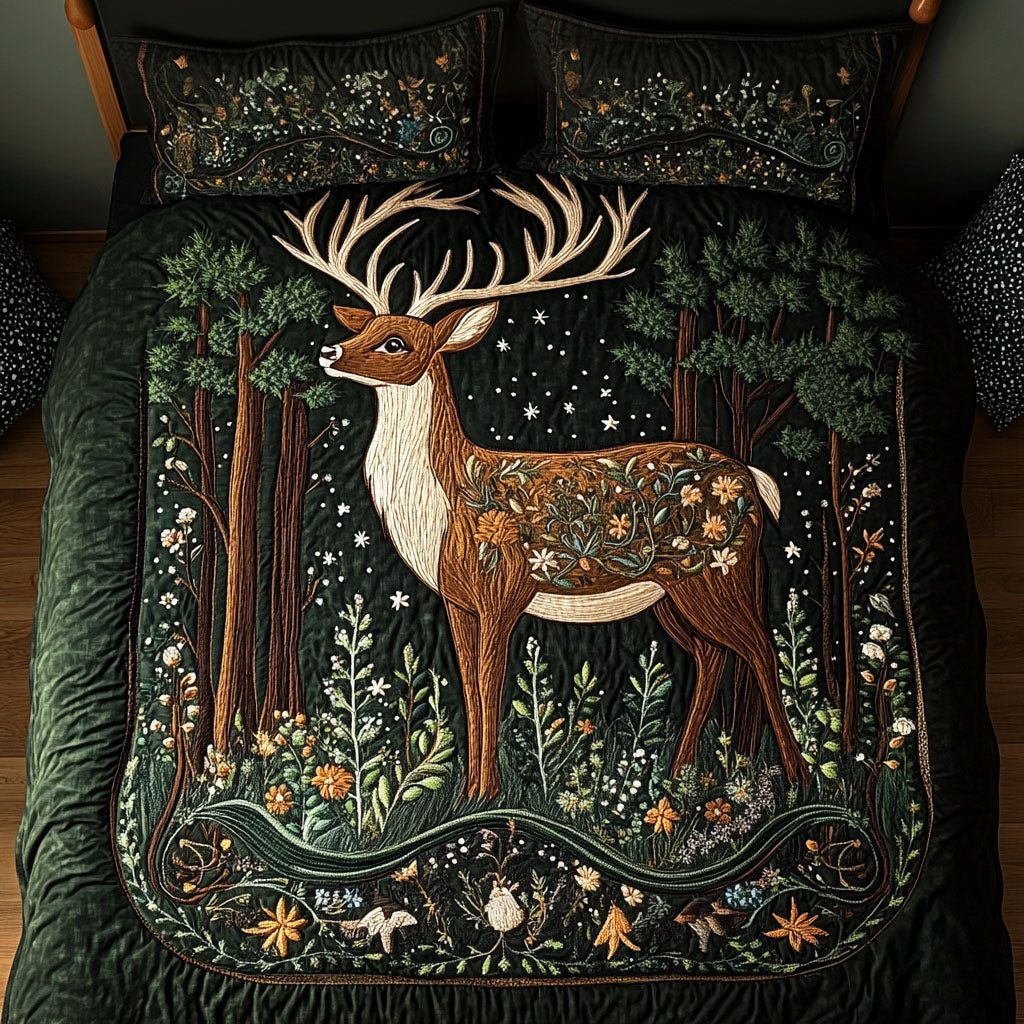 Blooming Grace quilted 3-piece bedding set on a made bed with two matching pillow shams