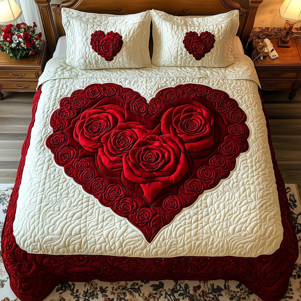 Blooming Heart quilted 3-piece bedding set on a made bed with two matching pillow shams