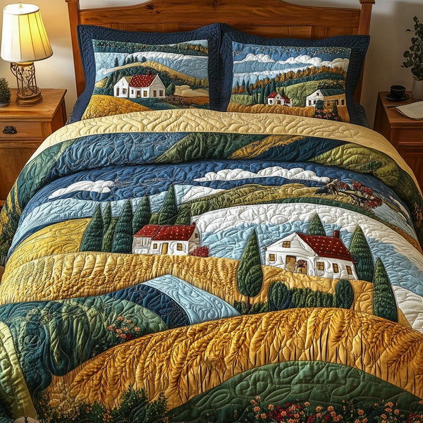 Blooming Hillside quilted 3-piece bedding set on a made bed with two matching pillow shams