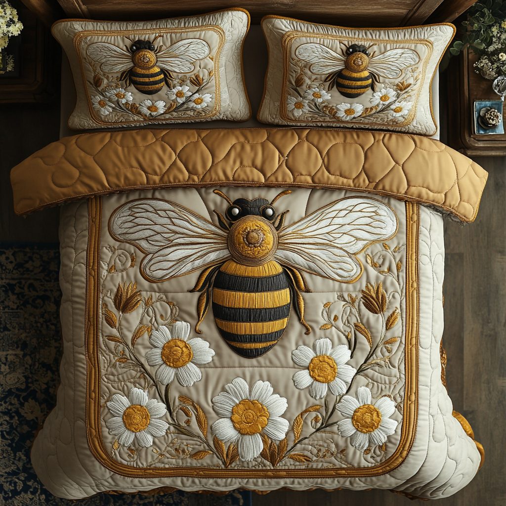 Blooming Hive quilted 3-piece bedding set on a made bed with two matching pillow shams